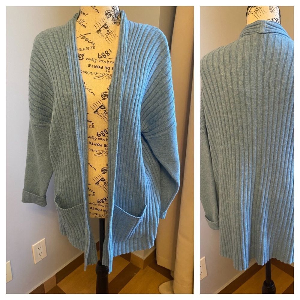 J. Jill PureJill Open Cardigan in Blue Stone Drop Shoulder Ribbed Sweater M